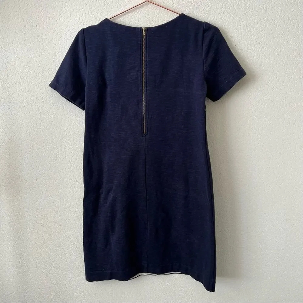 J Crew Knit Shift Dress Heather Navy Blue Cream Ivory Stripe exposed zipper